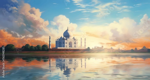 beautiful oil painting of Taj Mahal with clouds