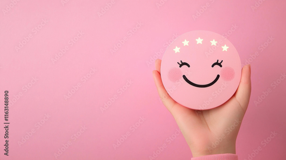 cheerful pink smiley face on round surface held against pink background
