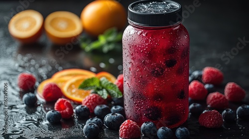 Refreshing berry drink in a jar with citrus. photo