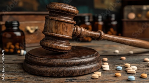 Gavel on table with pills and bottles nearby.