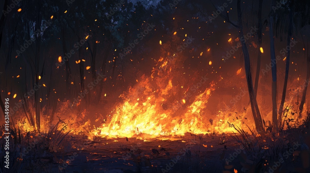 A dramatic scene of a wildfire engulfing a forest, with flames and glowing embers. A dramatic scene of a wildfire engulfing a forest, with flames and glowing embers.