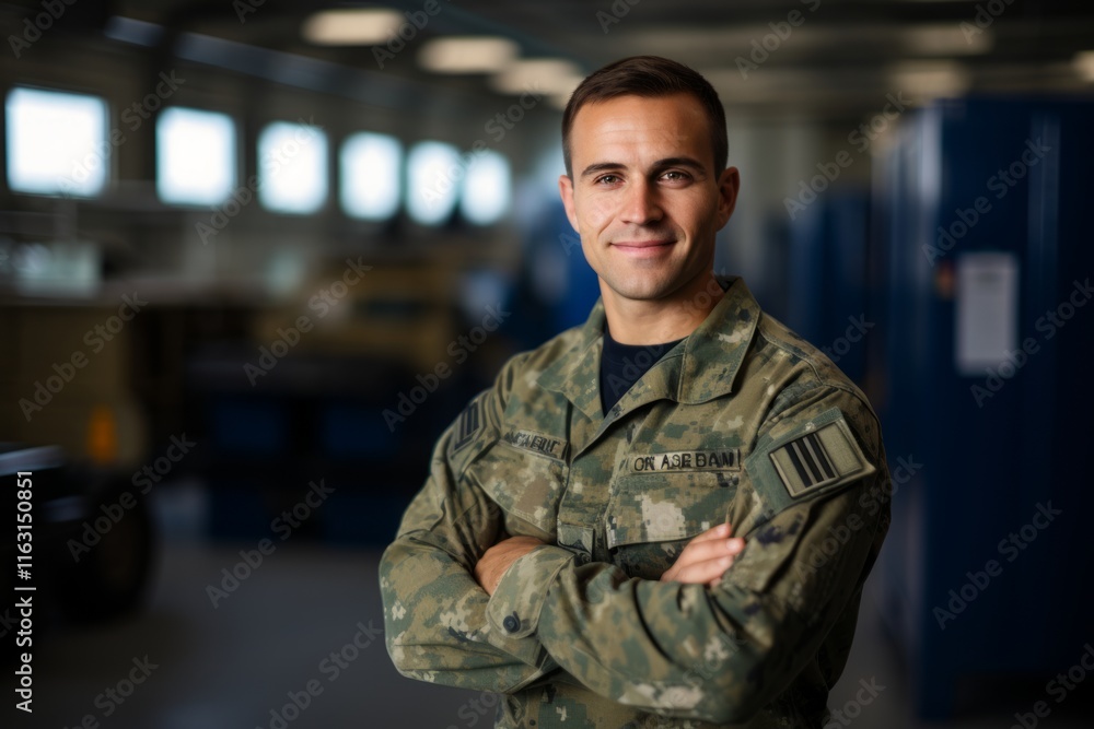 Portrait of a smiling soldier standing with arms crossed in a warehouse Portrait of a smiling soldier standing with arms crossed in a warehouse