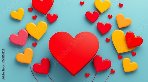A high-angle perspective Valentine's Day design in vibrant complementary colors, modern flat style, employing simple two-dimensional shapes and contrasting colors for balanced visual appeal, 