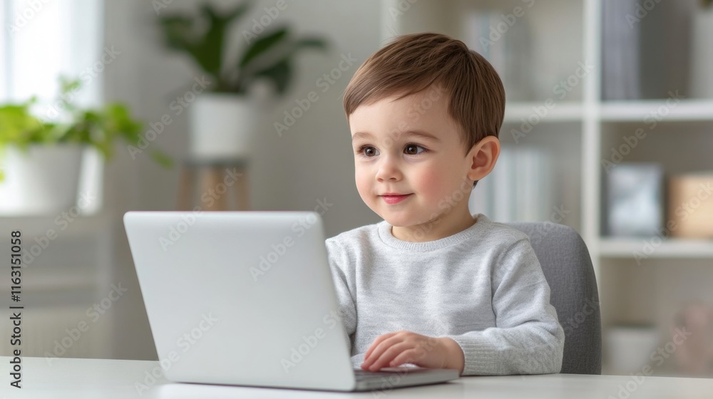 Young Child Engaged in Learning with Laptop in Cozy Modern Home Environment Young Child Engaged in Learning with Laptop in Cozy Modern Home Environment