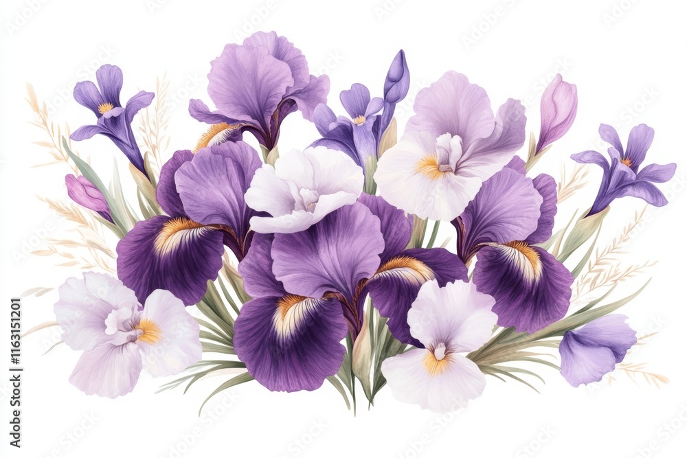 A stylized flat illustration of an iris flower bouquet, arranged neatly against a plain white canvas A stylized flat illustration of an iris flower bouquet, arranged neatly against a plain white canvas