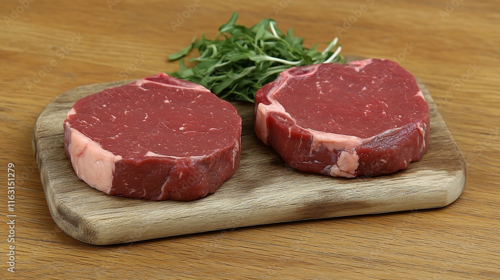 Two raw beef steaks on wooden board with arugula. Two raw beef steaks on wooden board with arugula.