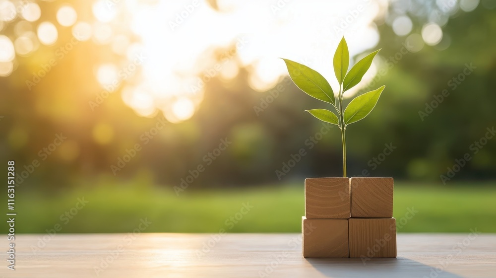 Young Plant Sprouting from Wooden Blocks, Representing Growth and Sustainability Young Plant Sprouting from Wooden Blocks, Representing Growth and Sustainability