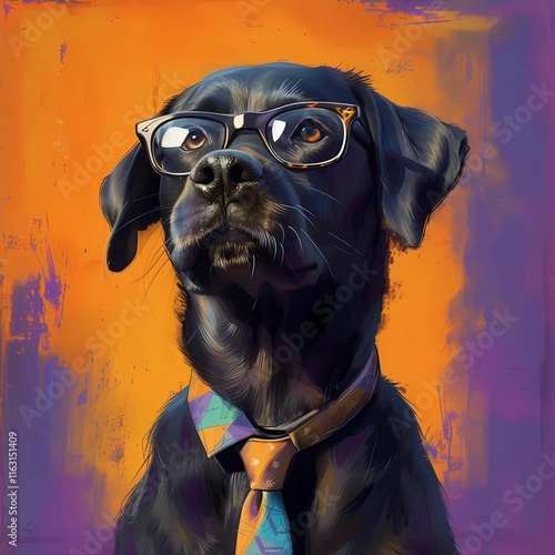a black dog wearing glasses wearing a tie on