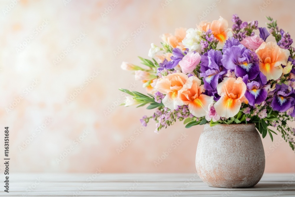 A vibrant iris flower arrangement in a rustic vase, placed on a wooden table in a sunlit room A vibrant iris flower arrangement in a rustic vase, placed on a wooden table in a sunlit room