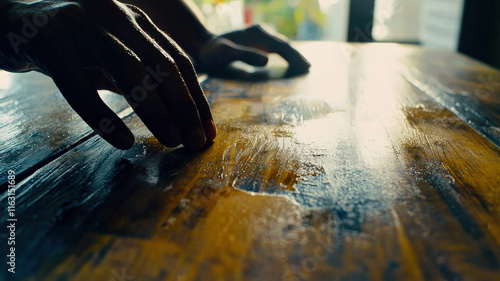 A close-up of someone carefully cleaning a wooden table surface with beeswax polish, showcasing the rich texture of the wood and the application process for a natural shine.
