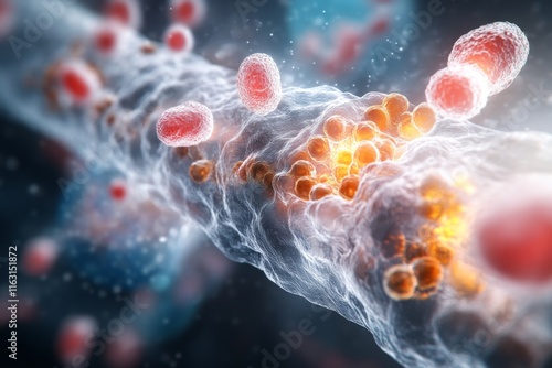 A visual representation of ionic interactions in a biological cell, with glowing sodium and potassium ions moving across a membrane photo