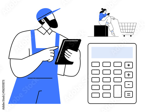 Wallpaper Mural Retail worker in blue uniform holding tablet, woman sitting near shopping cart with phone, large calculator. Ideal for e-commerce, retail management, online shopping, accounting, logistics, mobile Torontodigital.ca