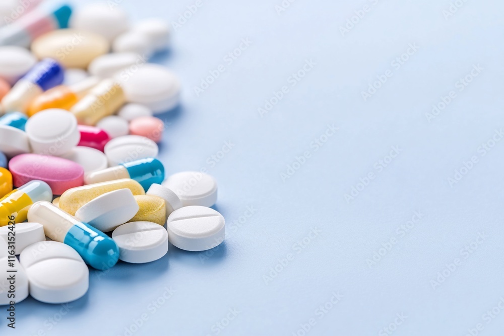 A variety of colorful pills and capsules scattered on a blue surface. A variety of colorful pills and capsules scattered on a blue surface.