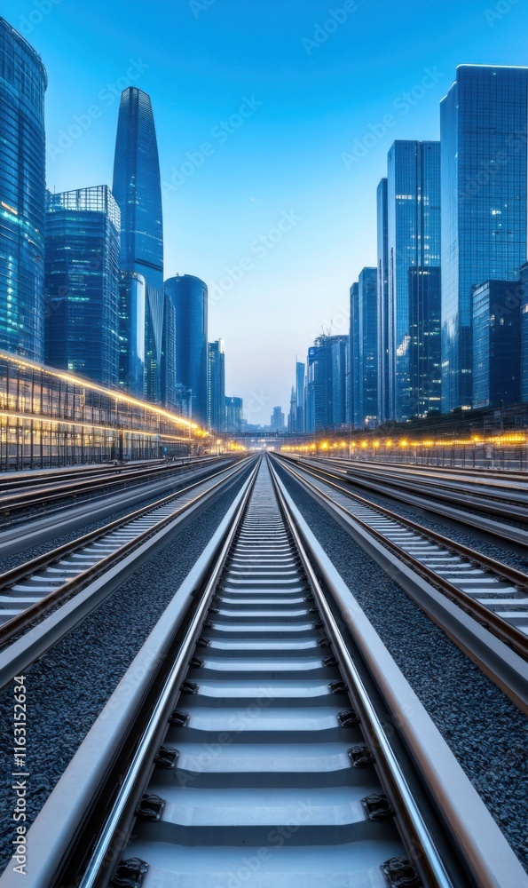 Urban landscape with railway tracks leading towards modern skyscrapers under blue evening sky Urban landscape with railway tracks leading towards modern skyscrapers under blue evening sky