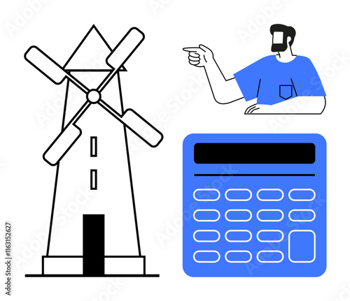 Man pointing towards windmill and large blue calculator, symbolizing interaction, energy management, and sustainable resources. Ideal for discussions on renewable energy, economics, technology