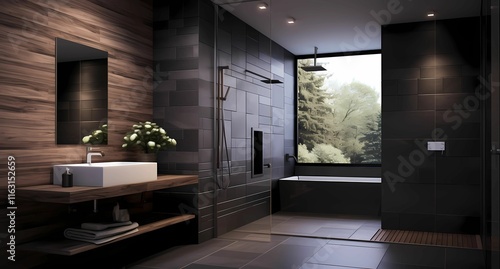 a bathroom that is white and black tiled