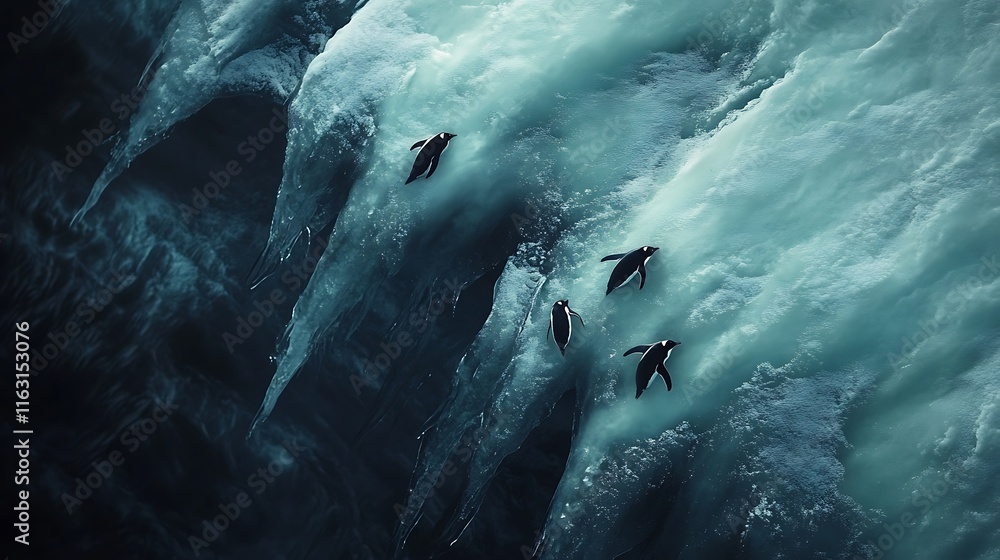 Fototapeta premium Antarctic Penguins Leap of Faith: An Aerial View of Gentoo Penguins Braving Icy Waters