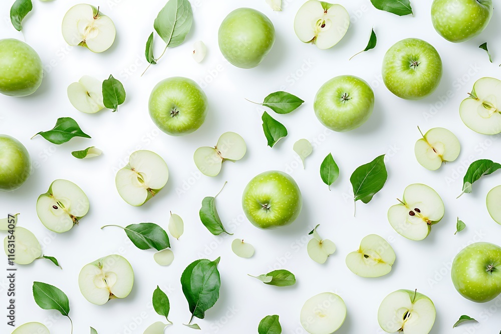 Green apples with green leaf and sliced isolated on white background Green apples with green leaf and sliced isolated on white background