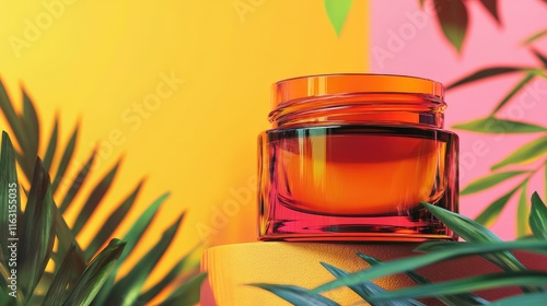 Vibrant Glass Container with Cream on Colorful Background