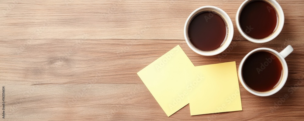 Three Cups of Coffee and Blank Sticky Notes on a Wooden Desk