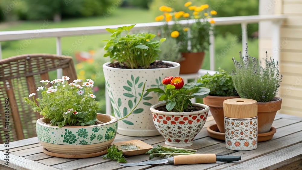 Fototapeta premium flowers in pots on the porch