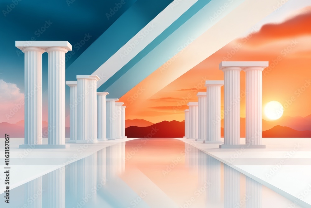 A flat depiction of a row of ionic columns, reduced to simple shapes and subtle gradients, symbolizing classic harmony A flat depiction of a row of ionic columns, reduced to simple shapes and subtle gradients, symbolizing classic harmony