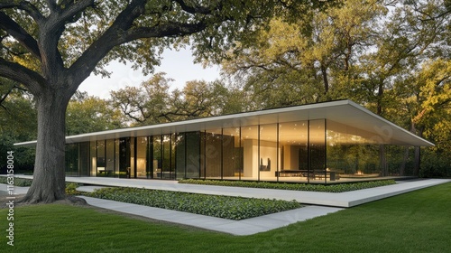 Wallpaper Mural Modern Glass House Surrounded by Lush Greenery and Large Trees Torontodigital.ca