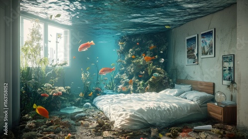 A surreal bedroom submerged underwater with vibrant fish and aquatic plants.