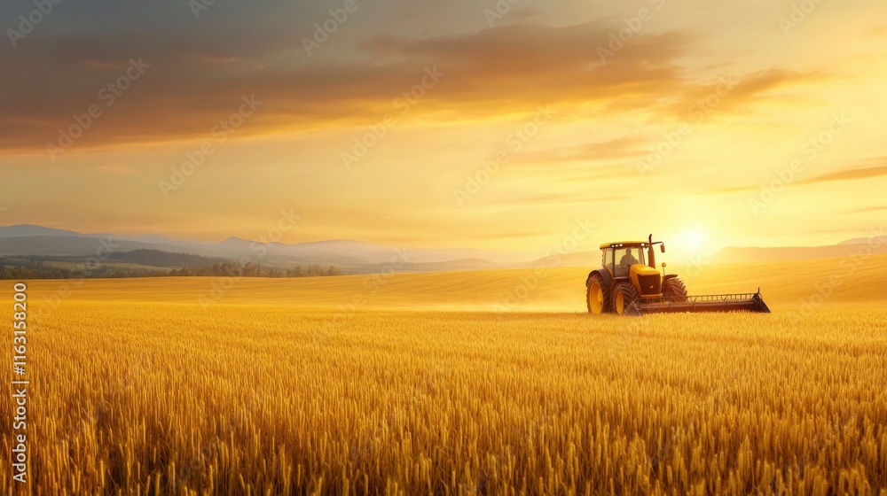 Sunset Over Golden Wheat Field with Tractor Working the Land in Rural Agricultural Landscape Sunset Over Golden Wheat Field with Tractor Working the Land in Rural Agricultural Landscape