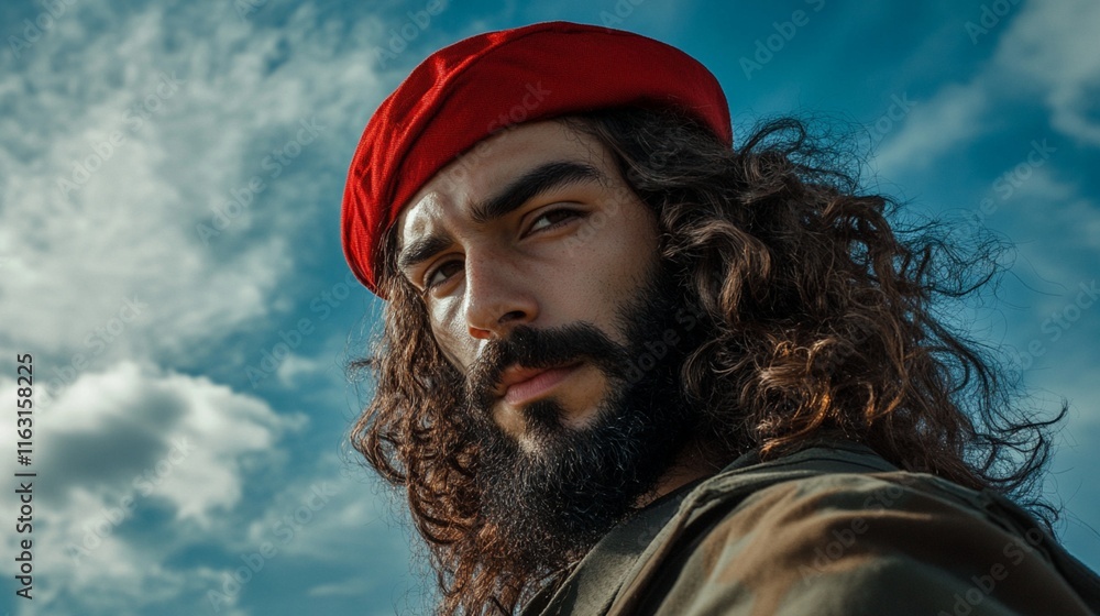 Obraz premium With long curly hair and a beard devoid of a mustache, the person wears a military beret.