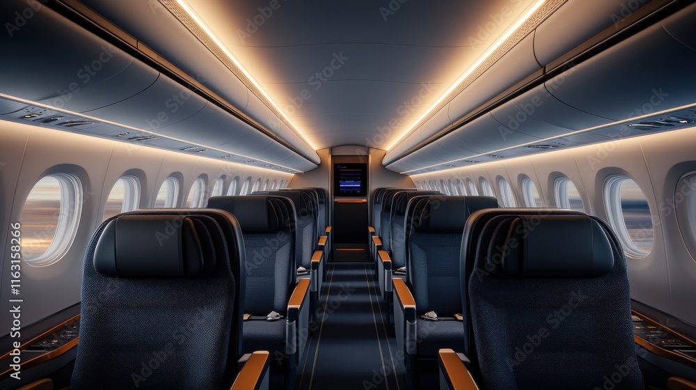 Modern Airplane Interior with Ergonomic Seats and Ambient Lighting for Comfortable Travel Experience Modern Airplane Interior with Ergonomic Seats and Ambient Lighting for Comfortable Travel Experience