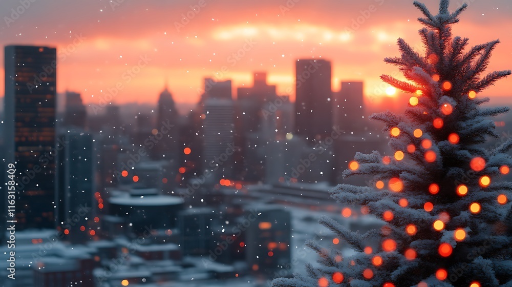 Obraz premium Snow Covered Christmas Tree Cityscape Sunset