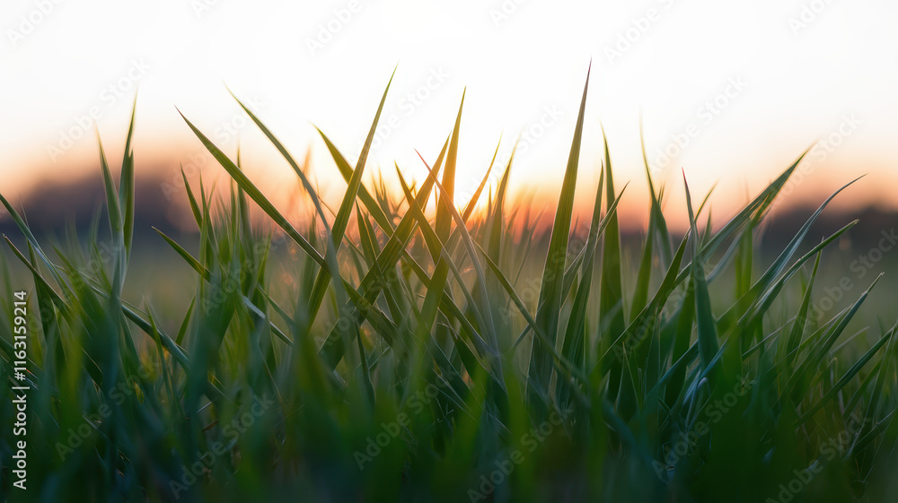 Obraz premium Vibrant green grass blades silhouetted against a warm sunset, creating a serene and peaceful atmosphere in nature.
