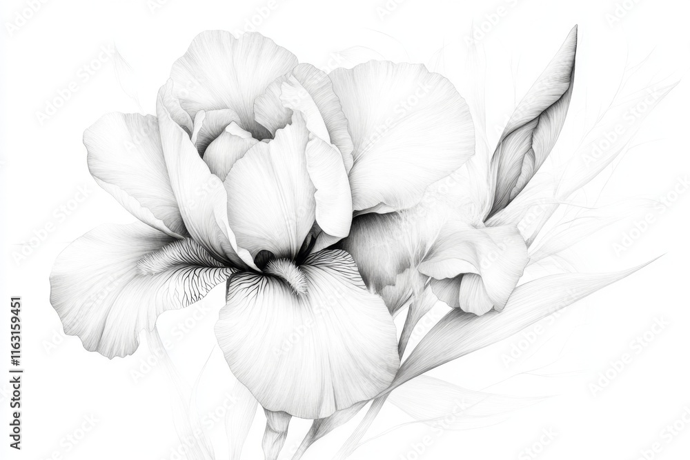 Fototapeta premium A minimalist line art of an iris flower in black and white, with subtle details highlighting its elegance