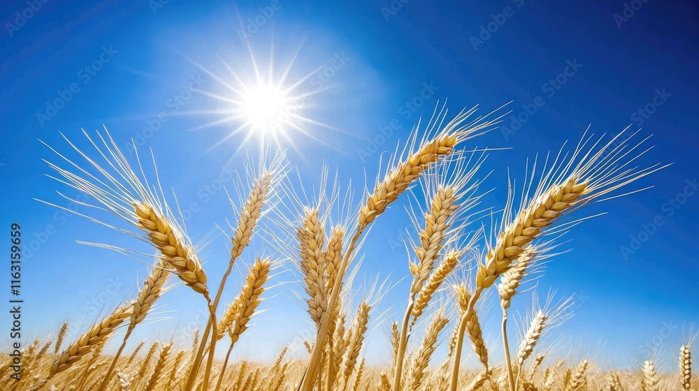 Golden Wheat Field Under Bright Blue Sky and Sunlight Golden Wheat Field Under Bright Blue Sky and Sunlight