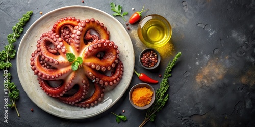 Wallpaper Mural Top view of octopus dish seasoned with salt, oil, and paprika , seafood, gourmet, culinary, Mediterranean Torontodigital.ca