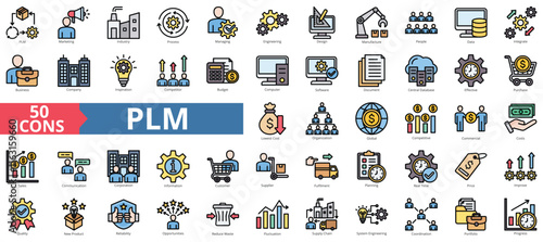 PLM icon collection set of product lifecycle management. Containing marketing, industry, process, managing, engineering, design, manufacture icon. Simple flat outline vector illustration