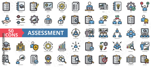 Assessment icon collection set. Containing education, evaluation, system, process, document, worker, data icon. Simple flat outline vector illustration