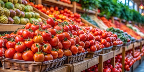 Fresh ripe tomatoes in a market display, tomatoes, fresh, ripe, red, market, display, food, organic, farm, agriculture