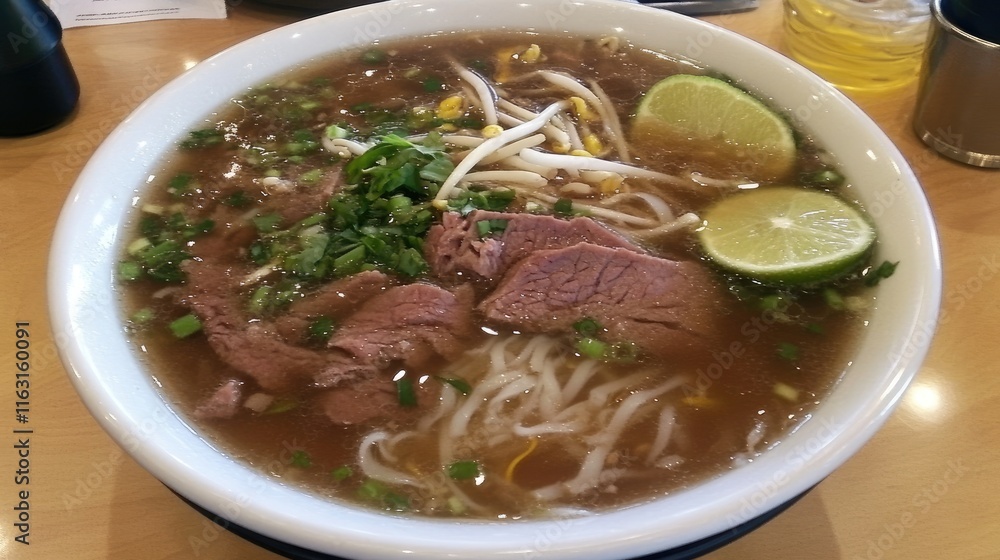 Warm and Flavorful Beef Pho with Herbs and Lime Slices Warm and Flavorful Beef Pho with Herbs and Lime Slices