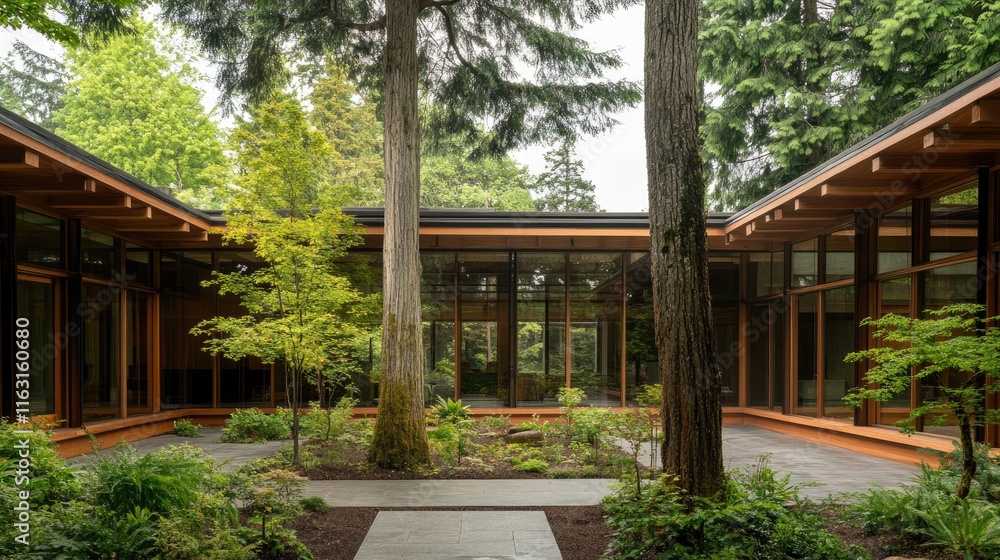 Serene Modern Architecture with Lush Greenery in Contemporary Space