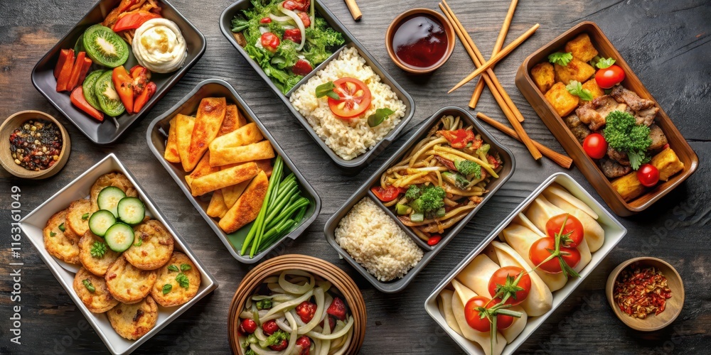 Delicious Asian food takeout containers with various dishes , Asian ...
