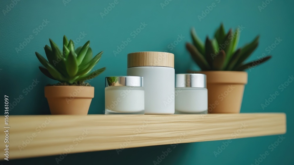 Fototapeta premium Natural Skincare Products on Wooden Shelf with Green Background
