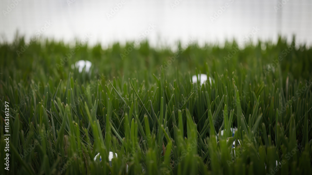Close-up of pristine green grass blades with white golf balls nestled among them, creating a serene and inviting golfing atmosphere. Close-up of pristine green grass blades with white golf balls nestled among them, creating a serene and inviting golfing atmosphere.