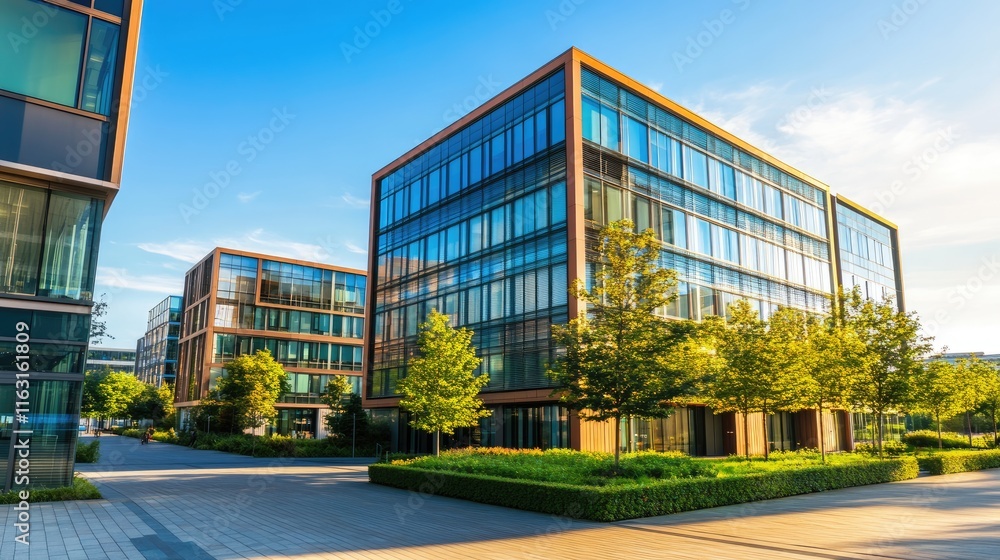Obraz premium Modern Glass Office Buildings Surrounded by Greenery and Trees