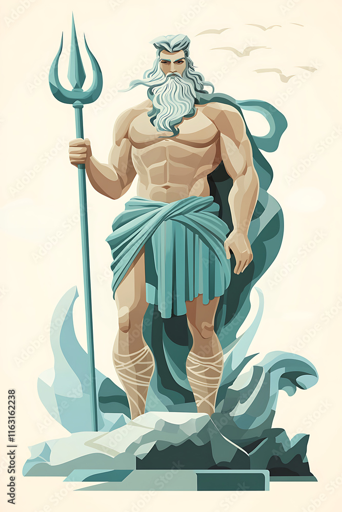 Obraz premium A stylized depiction of a muscular figure holding a trident, representing a sea god.