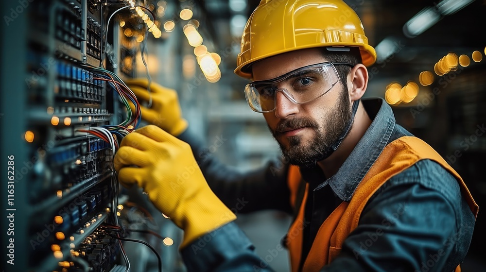 Electrical technician works on control panel in industrial facility. Man wears safety gear hard hat, safety goggles. Focuses on wiring connections. Modern machinery, tech in background. Maintenance, Electrical technician works on control panel in industrial facility. Man wears safety gear hard hat, safety goggles. Focuses on wiring connections. Modern machinery, tech in background. Maintenance,