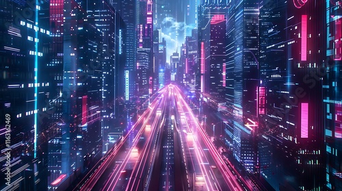 vibrant cyberpunk cityscape at night, showcasing neon lights and futuristic architecture.  Fast-moving vehicles create streaks of light.