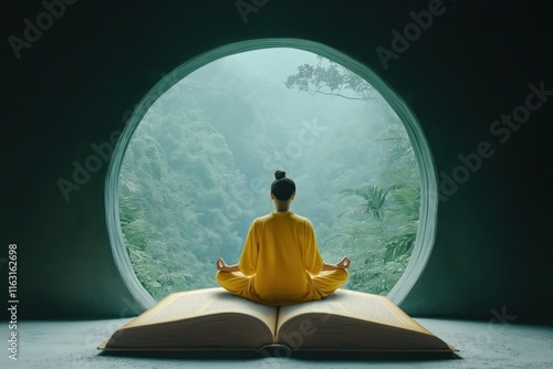 Serene person meditates by jungle window on large open book. Person in yellow clothes sits in peaceful pose. Tranquil environment evokes mindfulness, contemplation. Nature view creates calm escape. photo