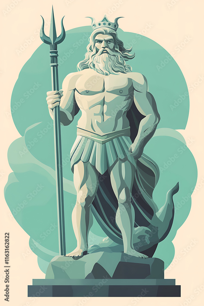 Fototapeta premium A stylized statue of a muscular figure holding a trident, representing a sea god.